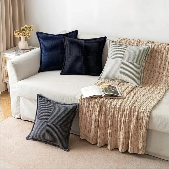 Striped Black Corduroy Farmhouse Luxury Soft Decorative Stylish Pillow Cover Set - Picture 4 of 5